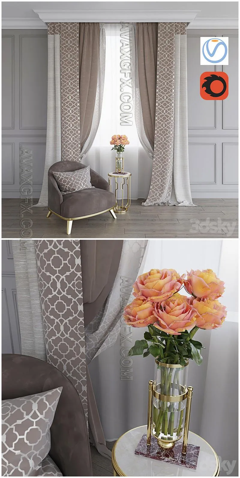 A curtain, an armchair and a table with roses (Vray + Corona)) - 3D Model