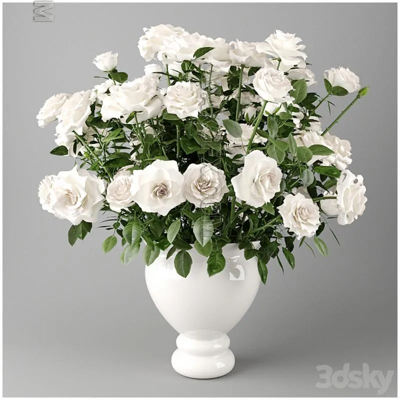 White roses in a white vase  Bouquet of white roses in a white vase - 3D Model