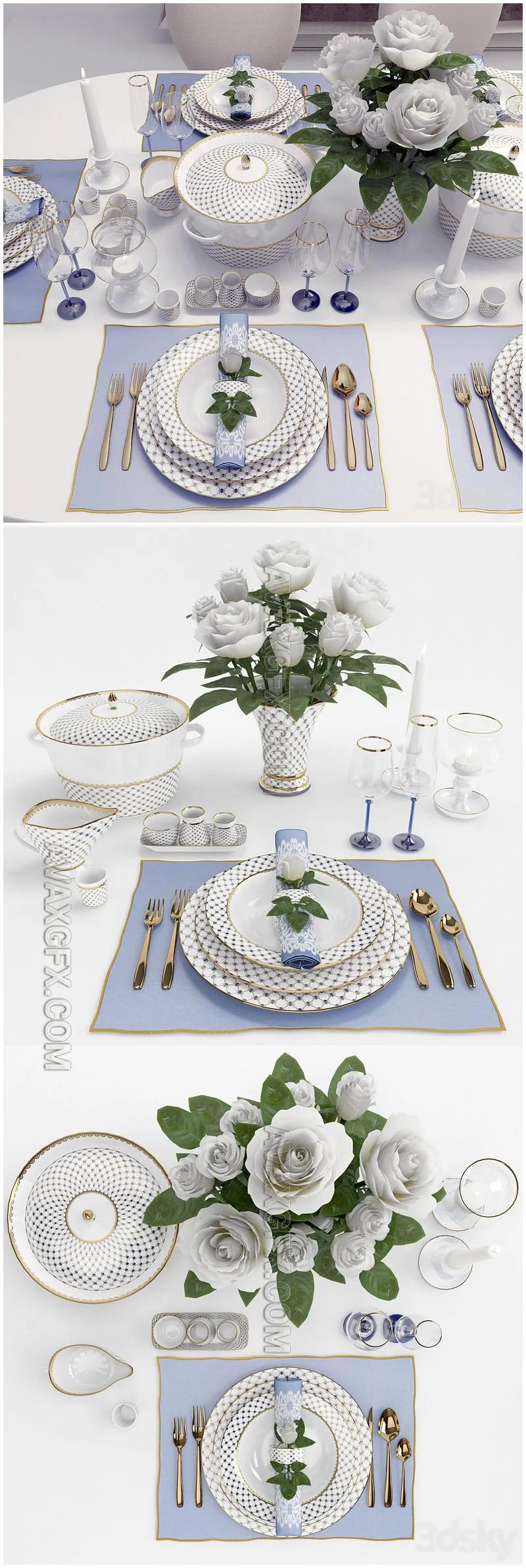 Classic table setting with roses - 3D Model