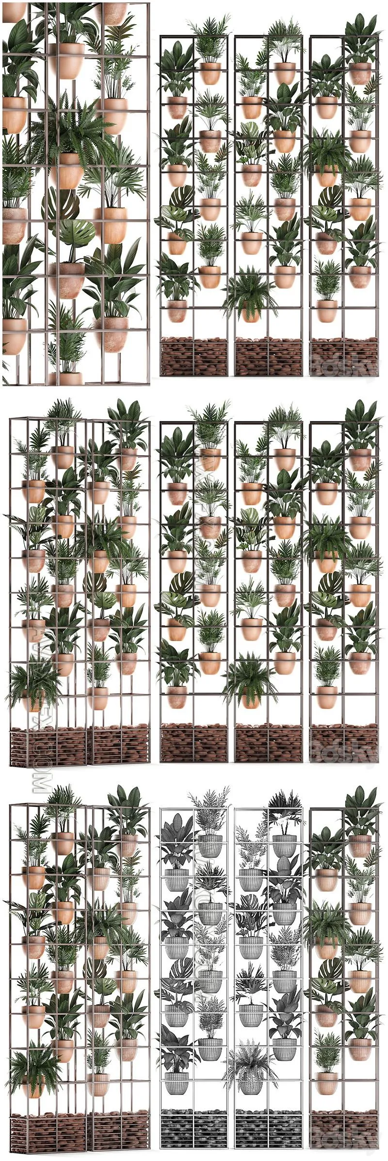 Vertical gardening, thirty. Shelf with flowers, fern, areca palm, monstera - 3D Model MAX