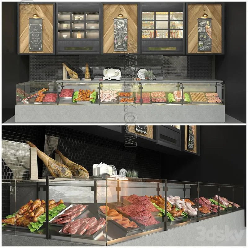 Showcase in a supermarket with semi-finished products and meat. Food - 3D Model