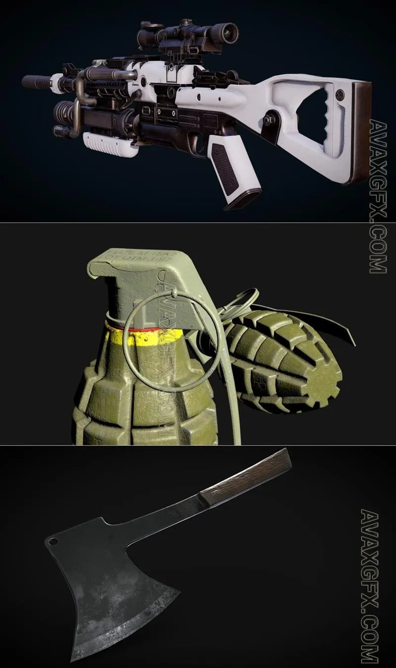 Sci-FI Sniper Rifle and Mk2 and Hatchet - STL 3D Model