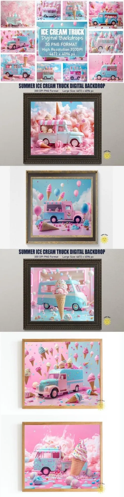 Summer Ice Cream Truck Digital Backdrops Bundle