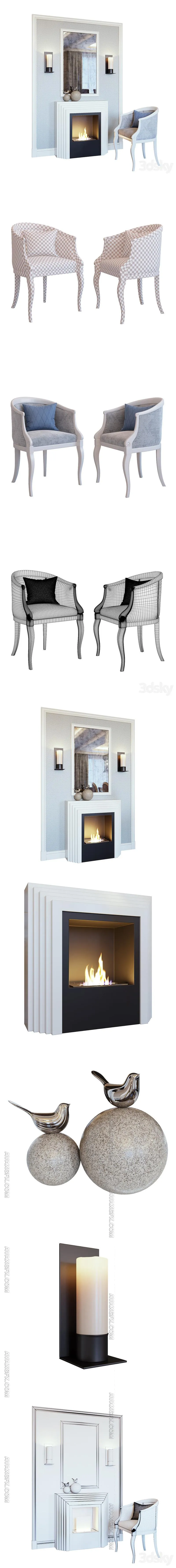 Fireplace, sconce, mirror, panel, decor and armchair (Fireplace sconce Rum decor and armchair YOU) - 3D Model