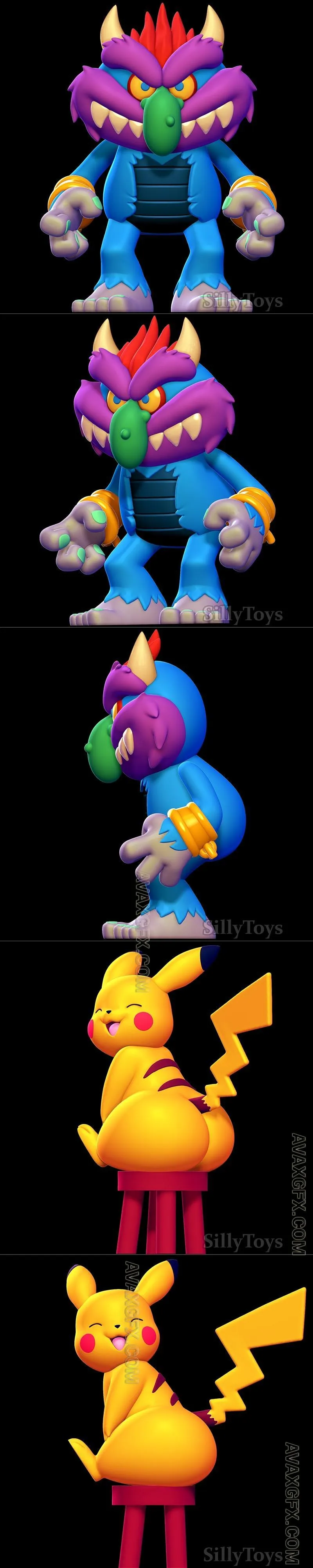My Pet Monster and Pikachu Sitting on a Stool - STL 3D Model