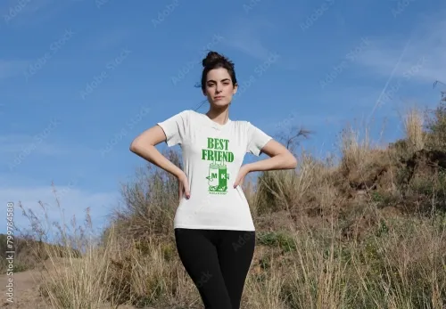 Mockup of woman wearing customizable sports t-shirt, hands on hips 799784588