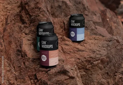 Adobestock - Three Cans Standing on Rocks Mockup 783083100