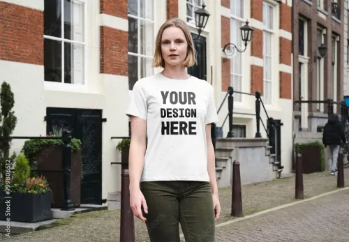 Mockup of woman wearing customized t-shirt 799806512