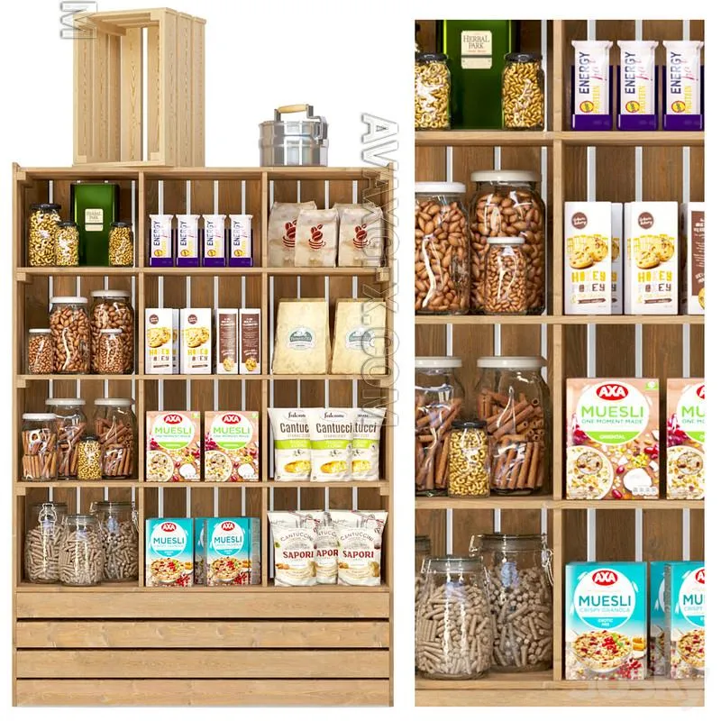 Showcase in a supermarket with nuts, cereals and dry breakfasts - 3D Model