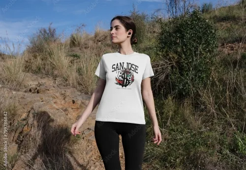 Mockup of woman wearing customized sports t-shirt outdoors 799786842