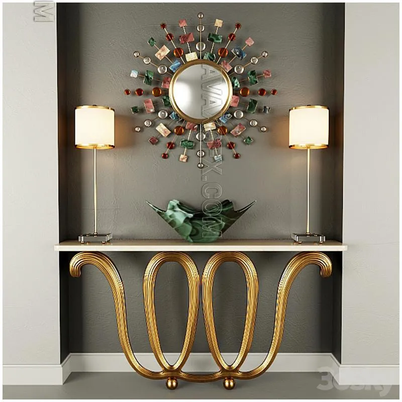 Wall console, mirror, table lamp and vase - 3D Model