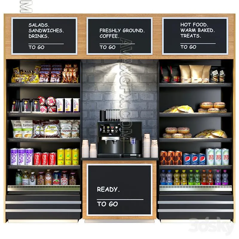 Shelf in a supermarket with dry breakfasts, sweets and a coffee machine. Supermarket - 3D Model