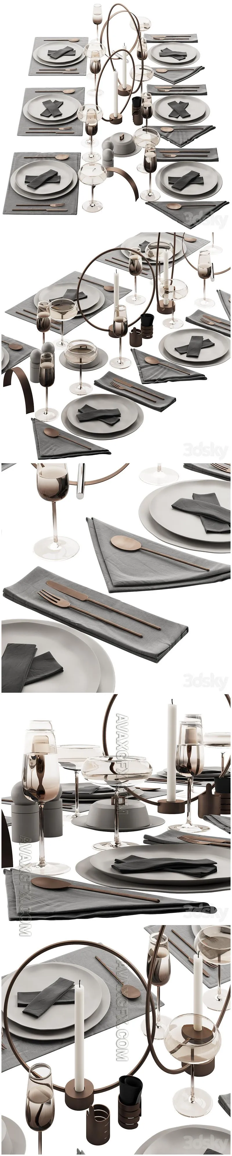 064 Tableware decor set 02 biege and bronze 00 - 3D Model