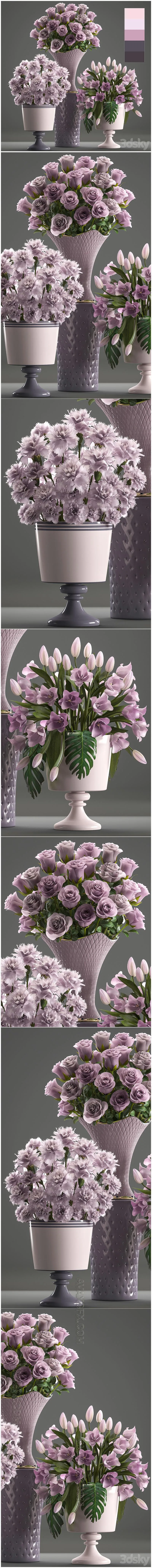 Bouquets set 59. flower bouquet, tulip, rose, vase, carnation, decor - 3D Model