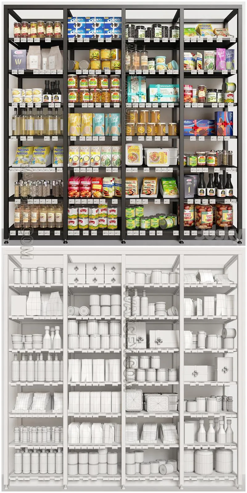 Showcase with conservation and groceries in a supermarket or pantry. Food - 3D Model