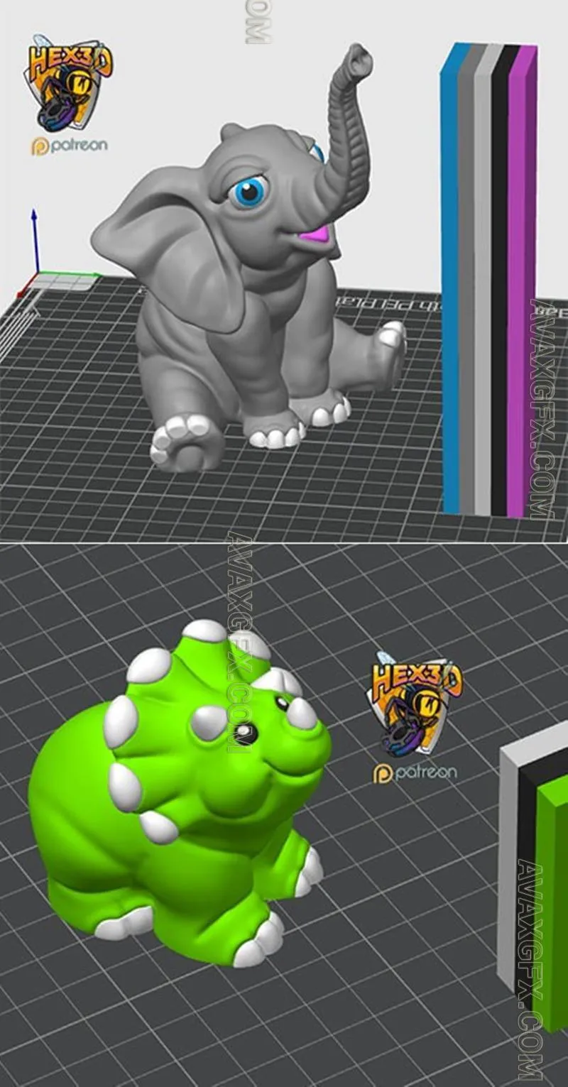 Hex3D - Ellie Elephant and Trixie Triceratops Jr - STL 3D Model