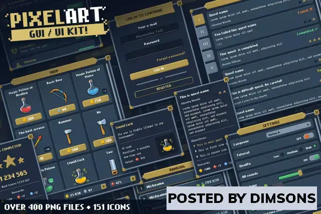 Unity 2D Pixel Art Full GUI / UI Kit + 151 icons! v1.1
