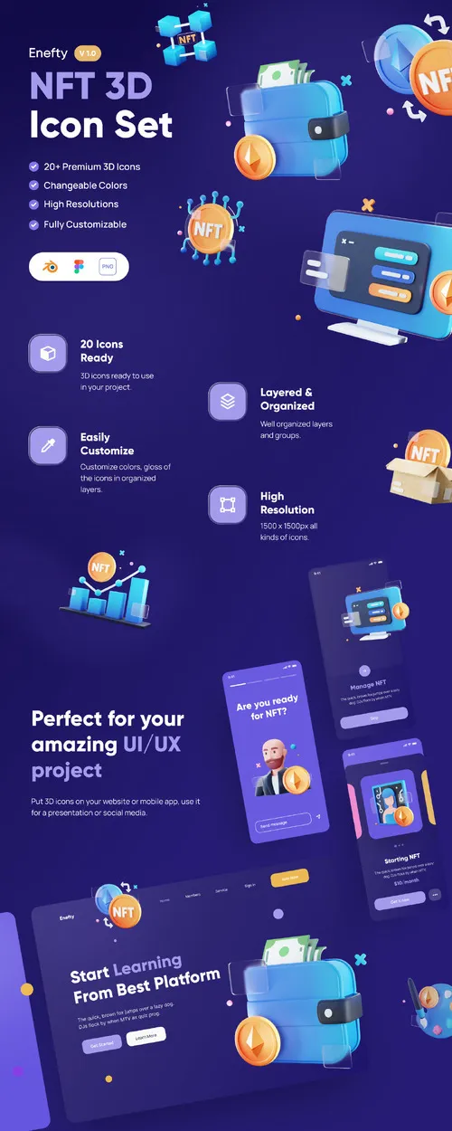 Enefty - NFT Digital Investment 3D Icon Set Model