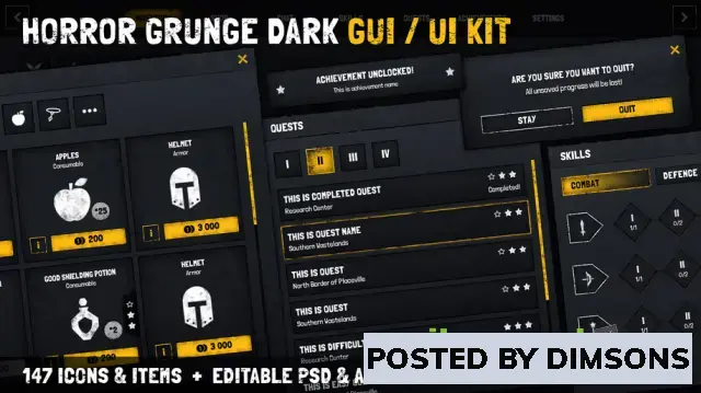 Unreal Engine 2D Assets Horror / Grunge / Military / RPG Dark GUI / UI KIT + psd/ai source files ...