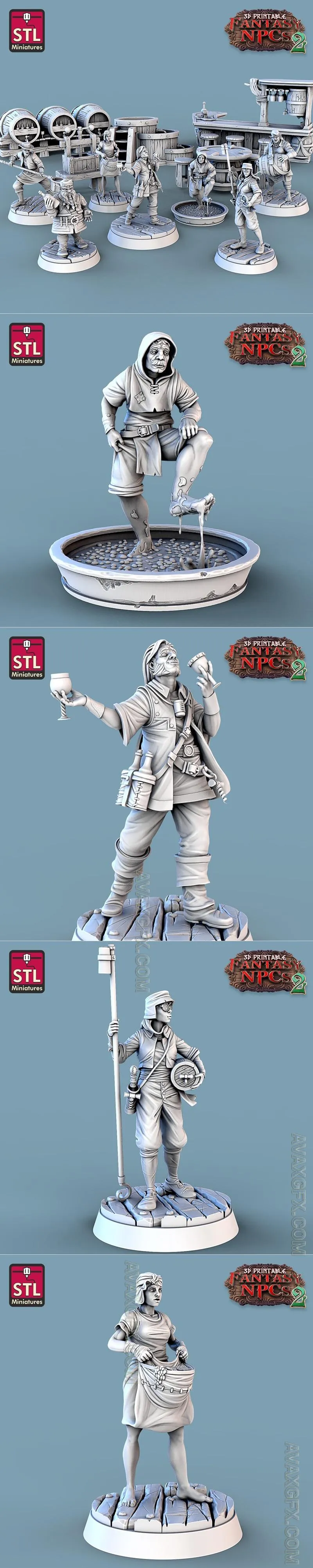 STL Miniatures - Fantasy NPCs 2 - Winemakers Set - STL 3D Model