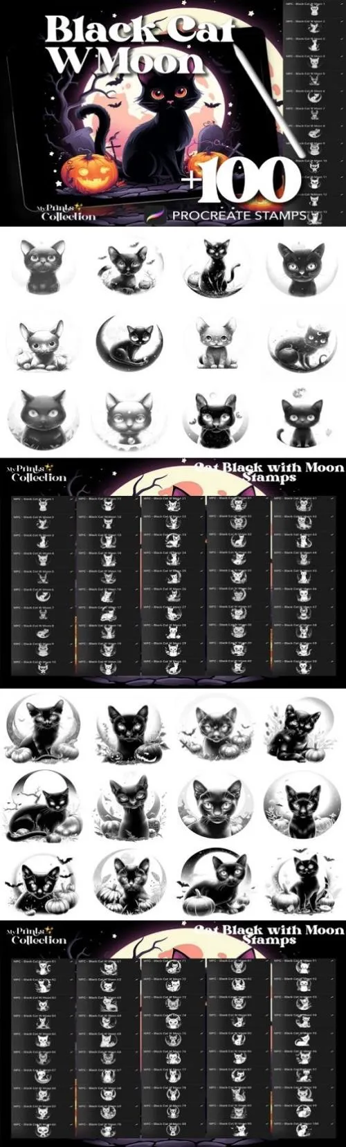 100+ Procreate Black Cat with Moon Stamp