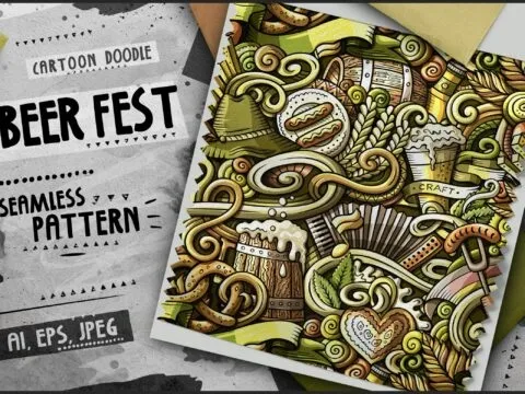 Beer Fest Doodle Cartoon Seamless Pattern - 9MMVKWZ