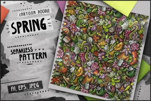 Spring Season Doodle Cartoon Seamless Pattern - SMVSCDF